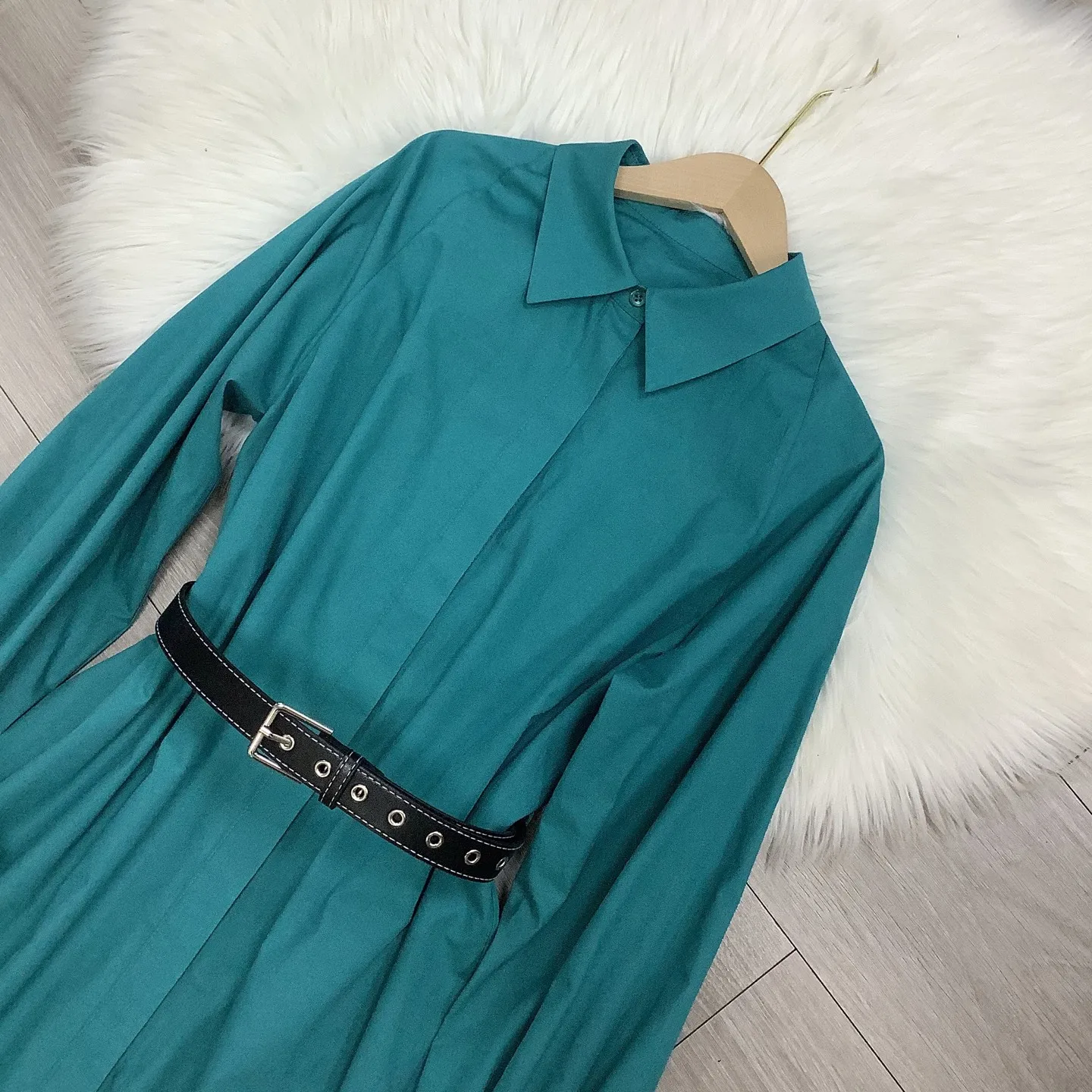 ZJYT Herbst Neue Hemdkleider aus 100 % Baumwolle für Frauen 2025, modisches Langarm-Reverskragen mit Gürtel, lässiges Midi-Urlaubskleid