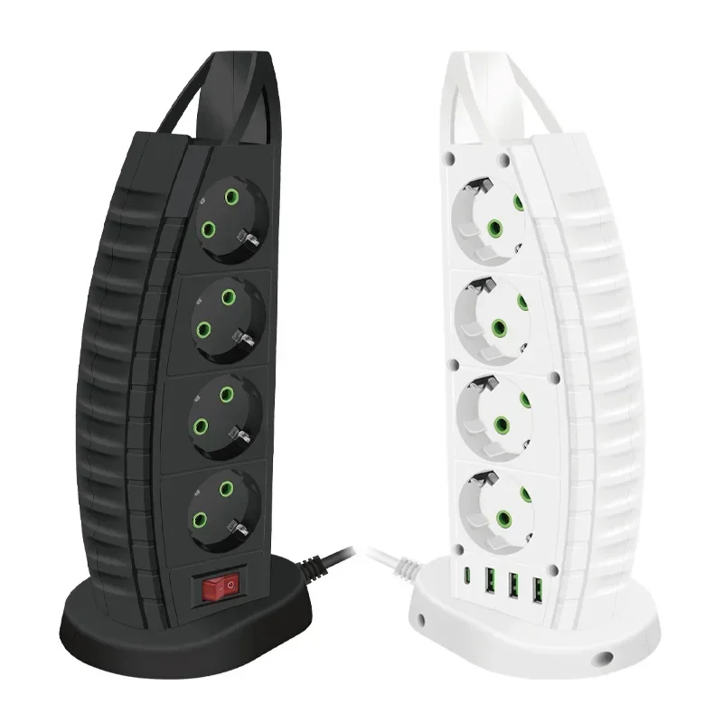 Tower Multi Power Strip Vertical EU Plug Multiple Vertical Power 4 Outlets Sockets with 1*type-C 3*USB Overload Protector Switch