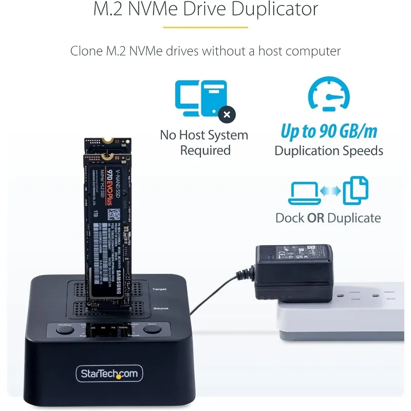 

1:1 M.2 NVMe Drive Duplicator, 90GBpm Standalone M.2 SSD Cloner/Copier, USB-C 3.2 20Gbps M.2 Dual-Bay Drive Dock
