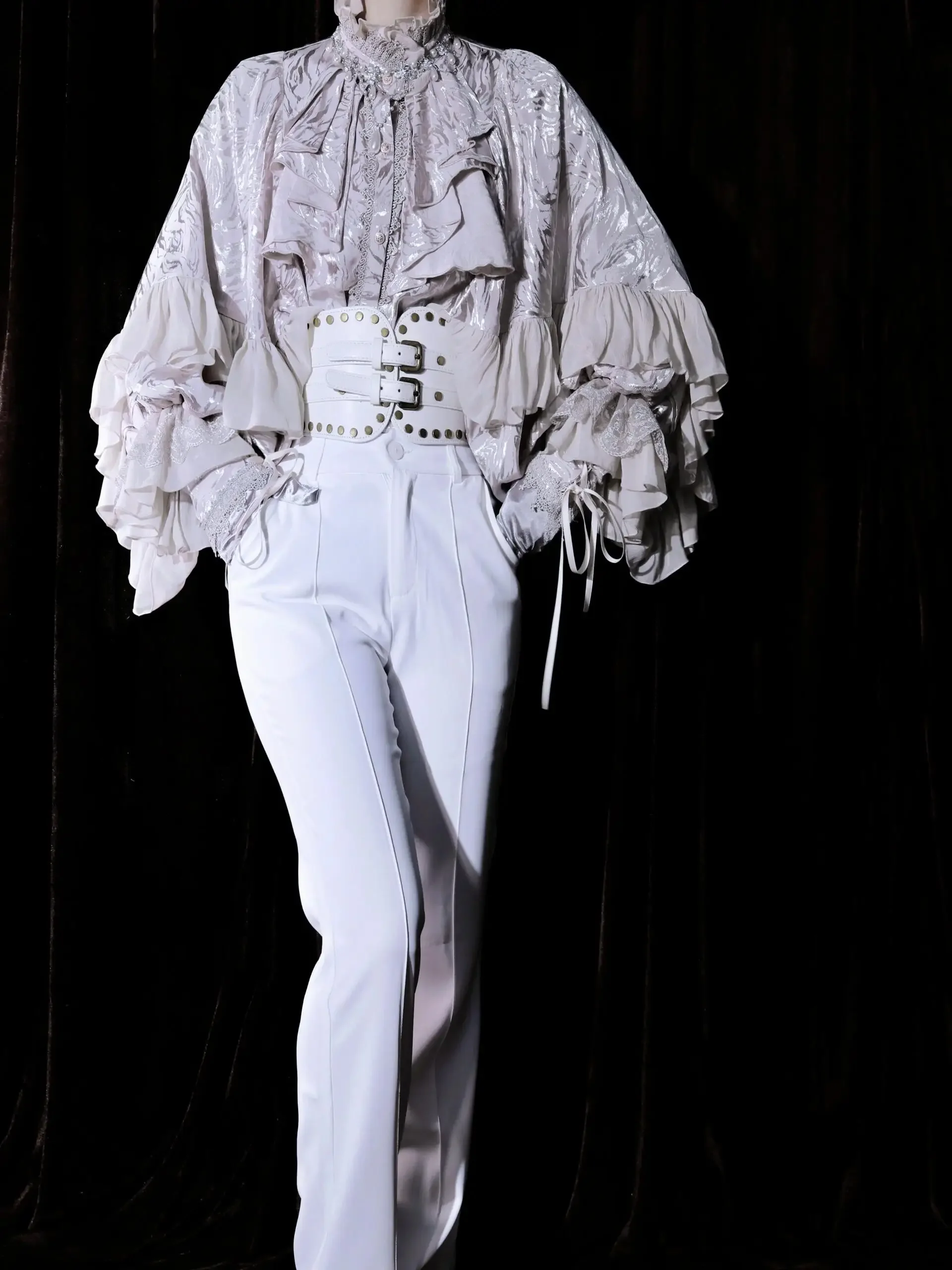 Lolita Gothic Blouse Women Ruffles Lace Patch Batwing Long Sleeved Loose Lolita Top Blusa Red White Black