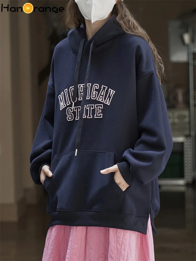 

HanOrange 2025 Autumn/Winter Cool Letter Printed Hoodie Women Casual Comfortable Loose Top Navy Blue/Red