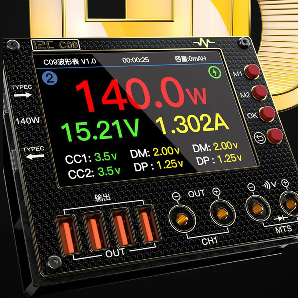 

C09 I2C Waveform Ammeter Advanced Triple Display System HD IPS Display 0-40V Input Dual Channel Voltage And Current Tester