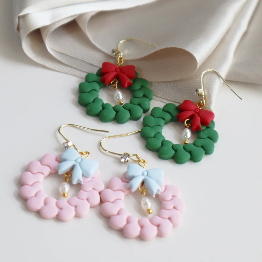 Trendy Christmas Dangle Earrings for Women Girls Christmas Garland  Pendant Earring Polymer Clay Bow Drop Earring Gifts Jewelry