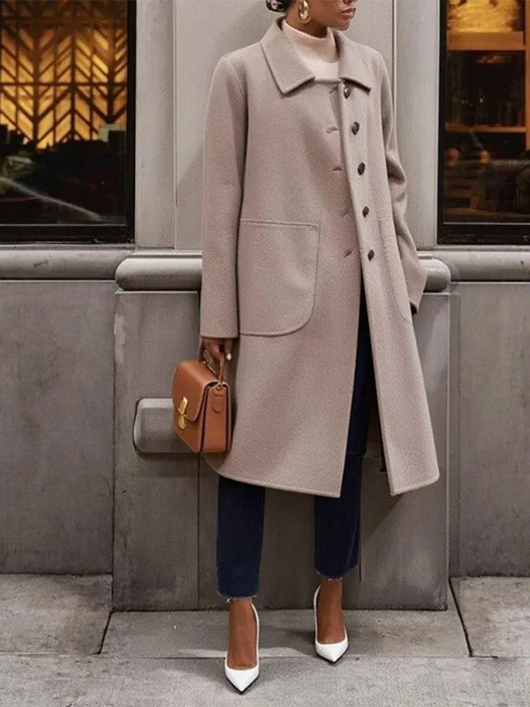 

Basic high-end lapel long sleeved pocket casual woolen coat minimalist solid color women's commuting coat