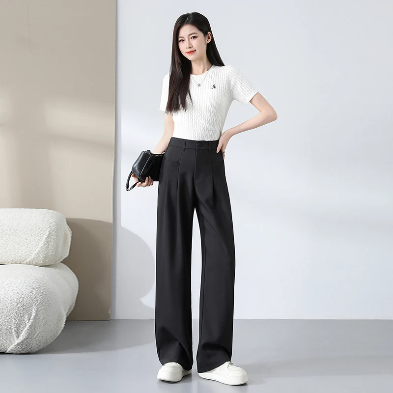 

Female Summer Thin Ice Silk Wide Leg Suit Pants Women'S New High Waisted Casual Fashion Versatile Hanging Straight Leg Trousers