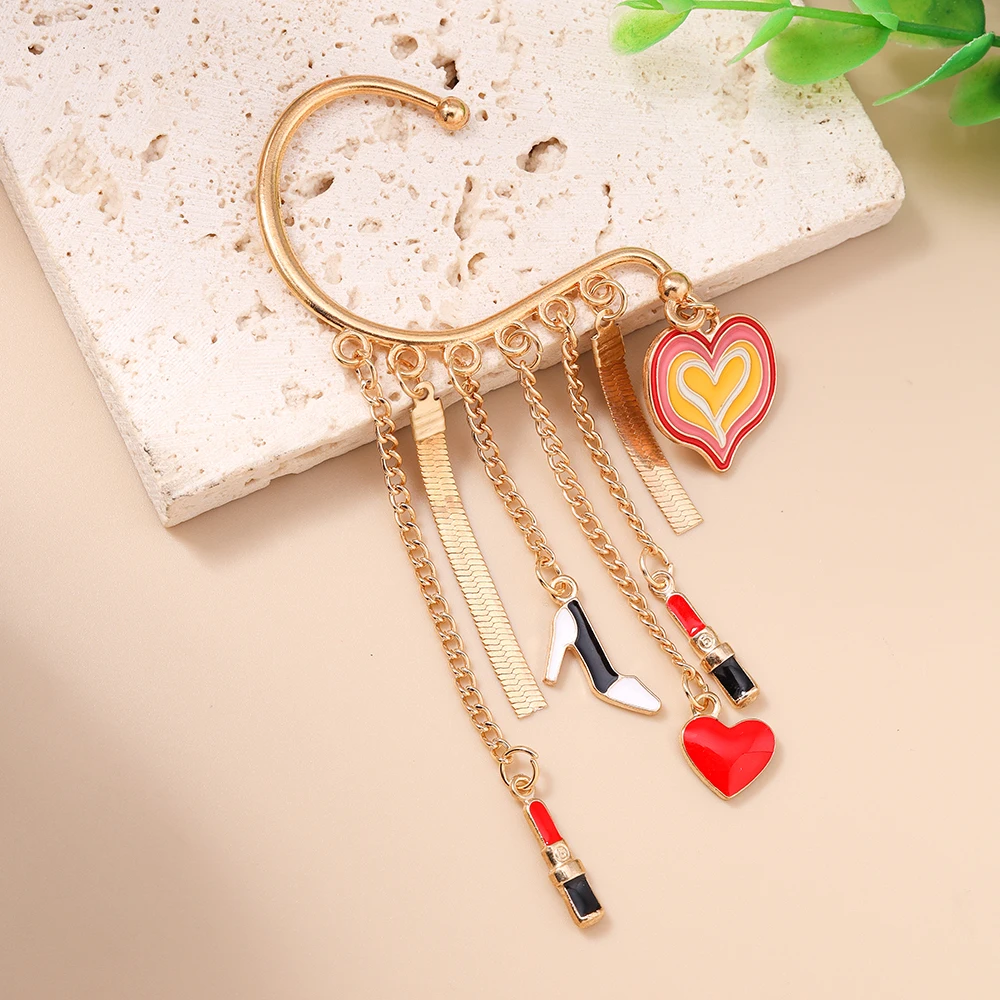 Aihua Y2K Heart High-heels Lipstick Clip Earrings For Women Long Tassel Non-Piercing Fake Cartilage Earring Jewelry Gift