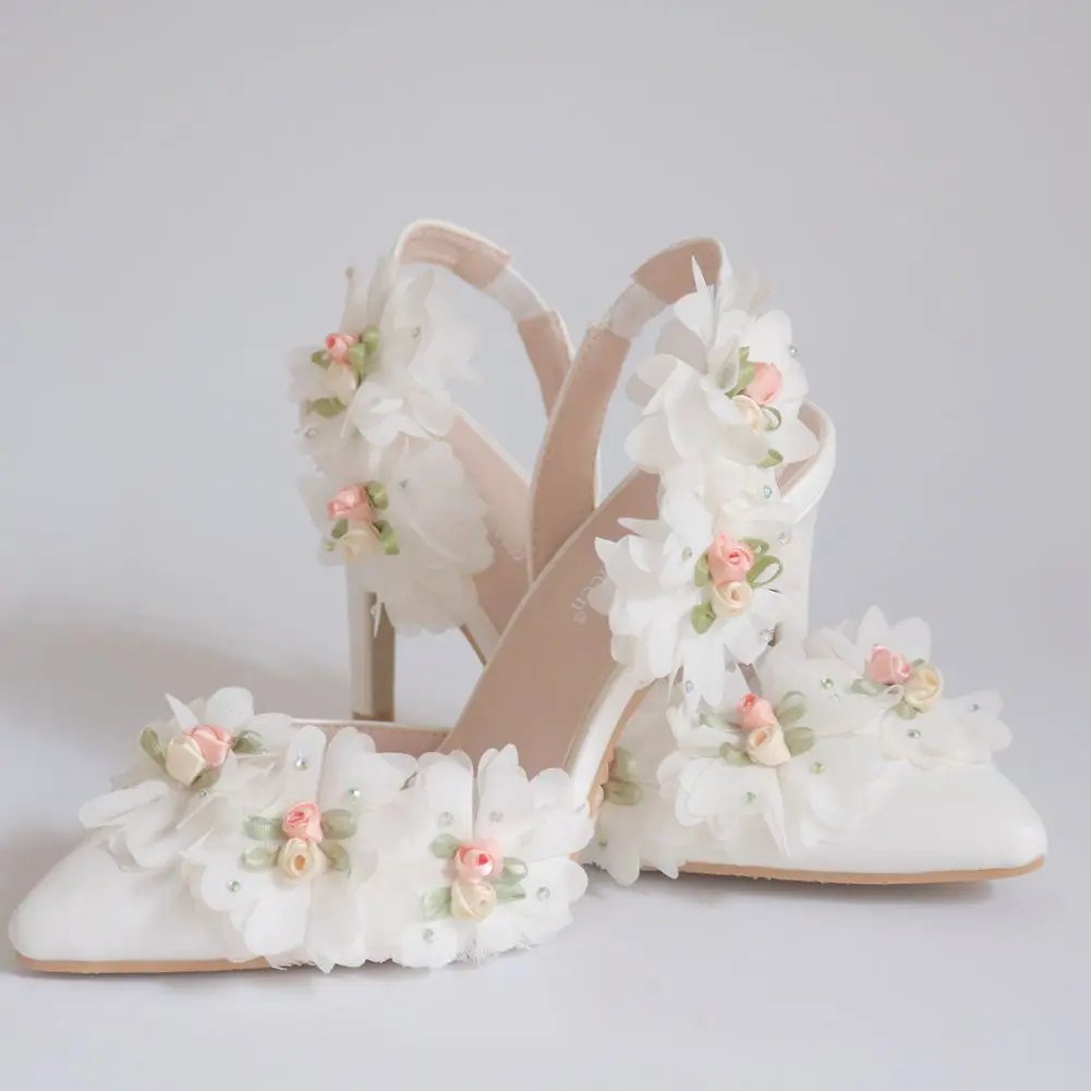Summer Sexy High Heels Women Sandals Pumps Party Lace Flower PU 9CM Thin Heels Party Prom Shoes Dress Woman Shoes White image 3