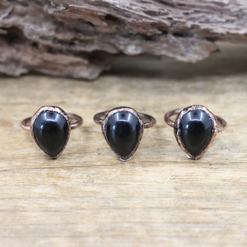 

Black Obsidian Drop Antique Copper Rings Natural Stone Teardrop Adjustable Finger Ring Women Fashion Jewelry Gift For Her,QC4168