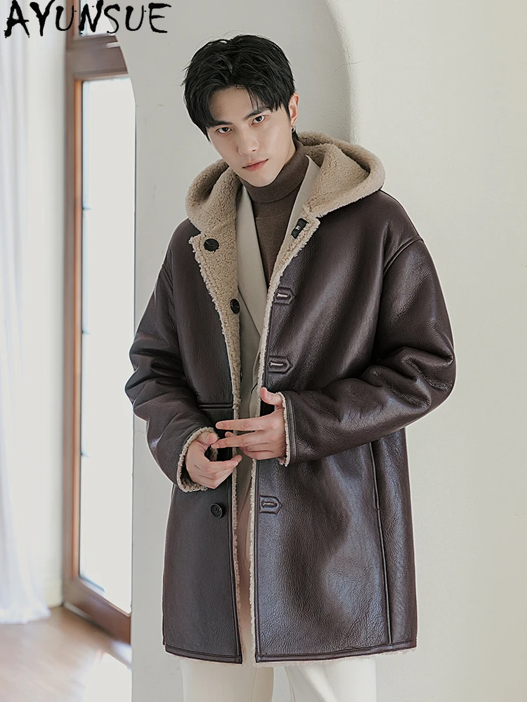 AYUNSUE Natural Wool Fur Coat Man Genuine Leather Jacket Hooded Autumn Winter 2025 Warm Mid-length Brown Real Fur Coats Jackets