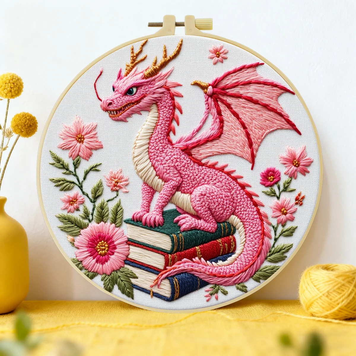 1 Stück 20X20CM/15X15CM 7,87/6,3 Zoll Rosa Dinosaurier-Tasche Stickerei-Starter-Kit DIY-Kit DIY-Stickerei-Set Handarbeiten Nähkunst – Detail 1