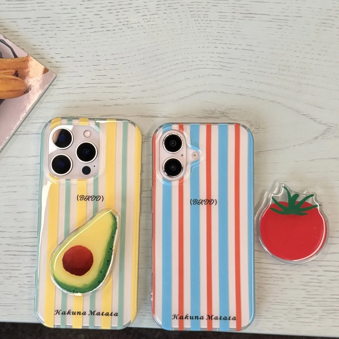 

Ins Korean Cute Splicing Stripes 3D Mini Tomato Avocado Holder Phone Case For iPhone16 15 14 13 Pro Max 15 14 Pro Back Cover﻿﻿﻿﻿