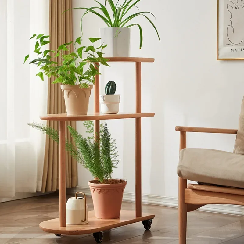 Movable Solid Wood Edge Plant Stand Living Room and Bedroom Bookshelf Multifunction Flower Stand with Wheels for Balcony