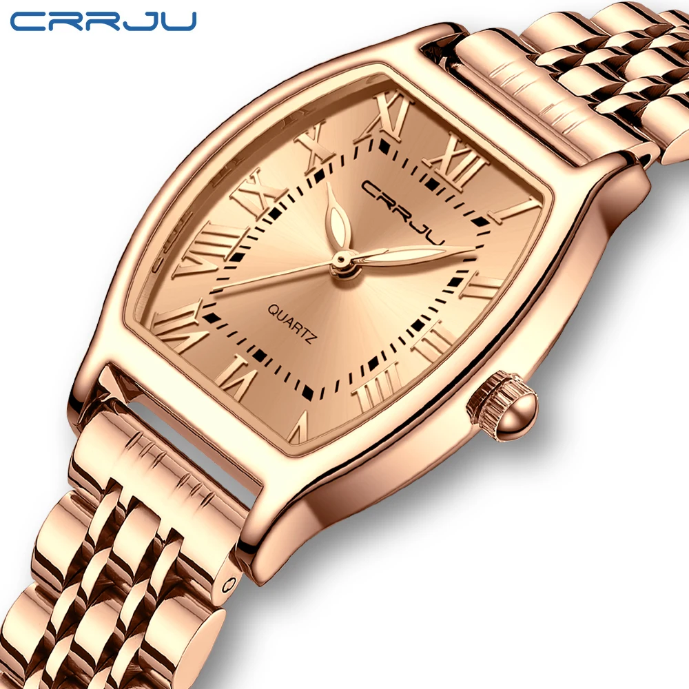 CRRJU Rectangle Ultrathin Simple Design Japan Quartz Lady Fashion Stainless Steel Bracelet Belt Watches for Women