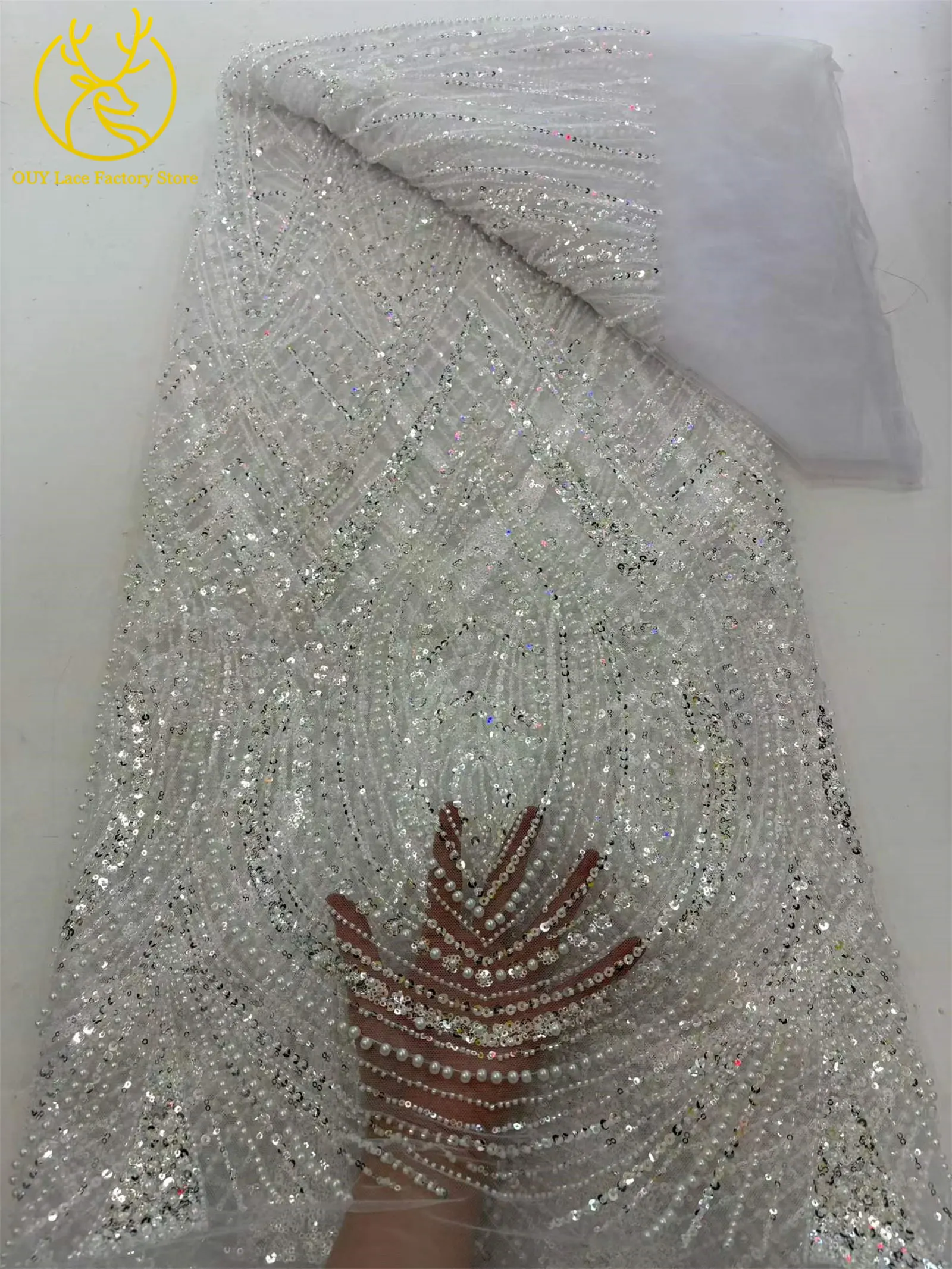 Afrikanischer Perlenstickerei-Spitzenstoff, 5 Yards, hochwertiger, eleganter Pailletten-Spitzenstoff, grün, nigerianisch, für Hochzeits- und Abendkleider – Detail 8