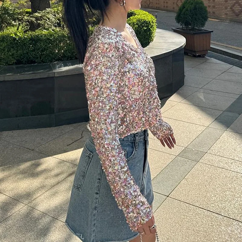 

Autumn Winter Long Sleeve Tops Coat Women Elegant V Neck Single Breasted Shirts Fashion Glitter Sequin Shiny Party Blouses Mujer