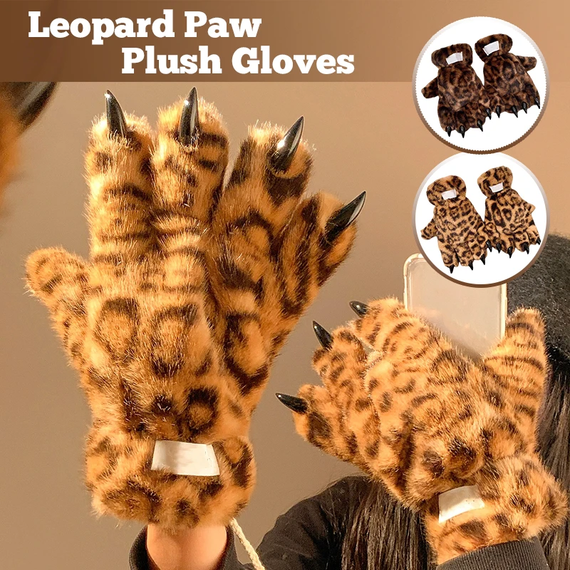 

Leopard Paw Plush Gloves for Women Warm Stage Performance Thickened 5-Finger Cosplay Gloves, Riding & Cold Weather Props
