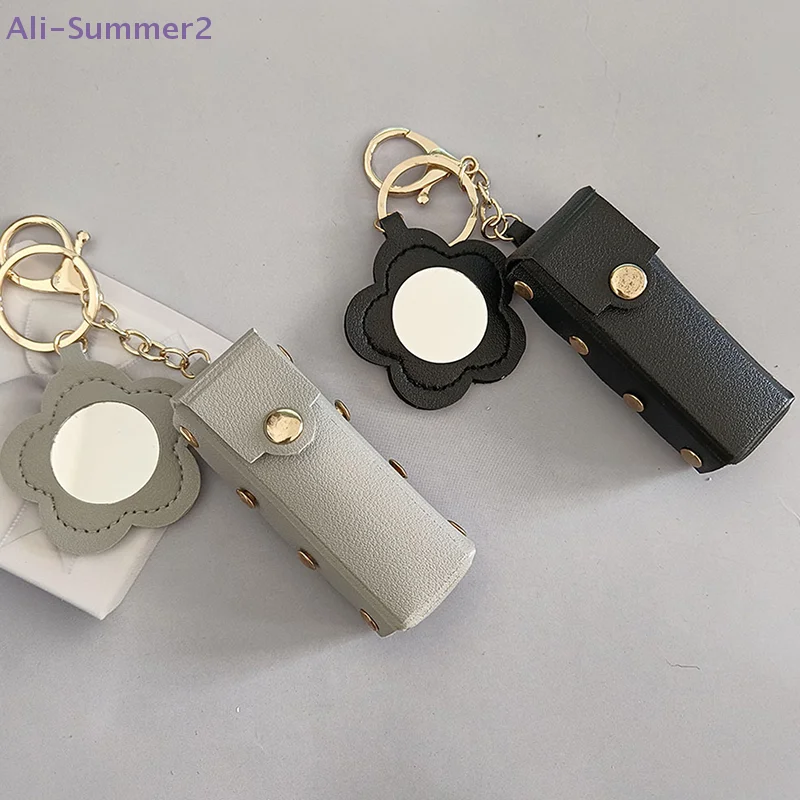 {Summer2} Portable Leather Lipstick Bag Keychain Creative Lipsticks Protective Cover With Mirror Makeup Pouch Lip Balm Holder