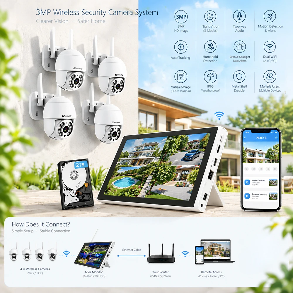 3MP Wireless WiFi Surveillance Kit Outdoor IP PTZ Security Camera System 8CH NVR Kit with 10 Inch LCD Monitor Home Security Sets