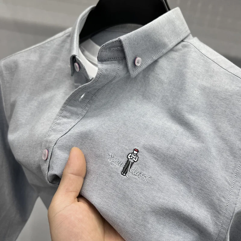 High-end Quality 100pure Cotton Men's Shirt Cartoon Embroidered Long-sleeve Base Shirt Korean Fashion Business Autumn Men's Wear