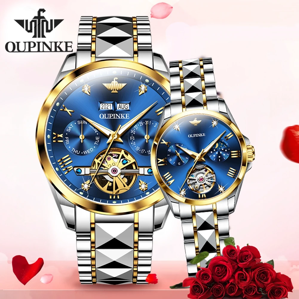 OUPINKE Roman Scale Mechanical Couple Watch Hollow Skeleton Synthetic Sapphire Mirror Wristwatch Deep Waterproof Top Brand Watch