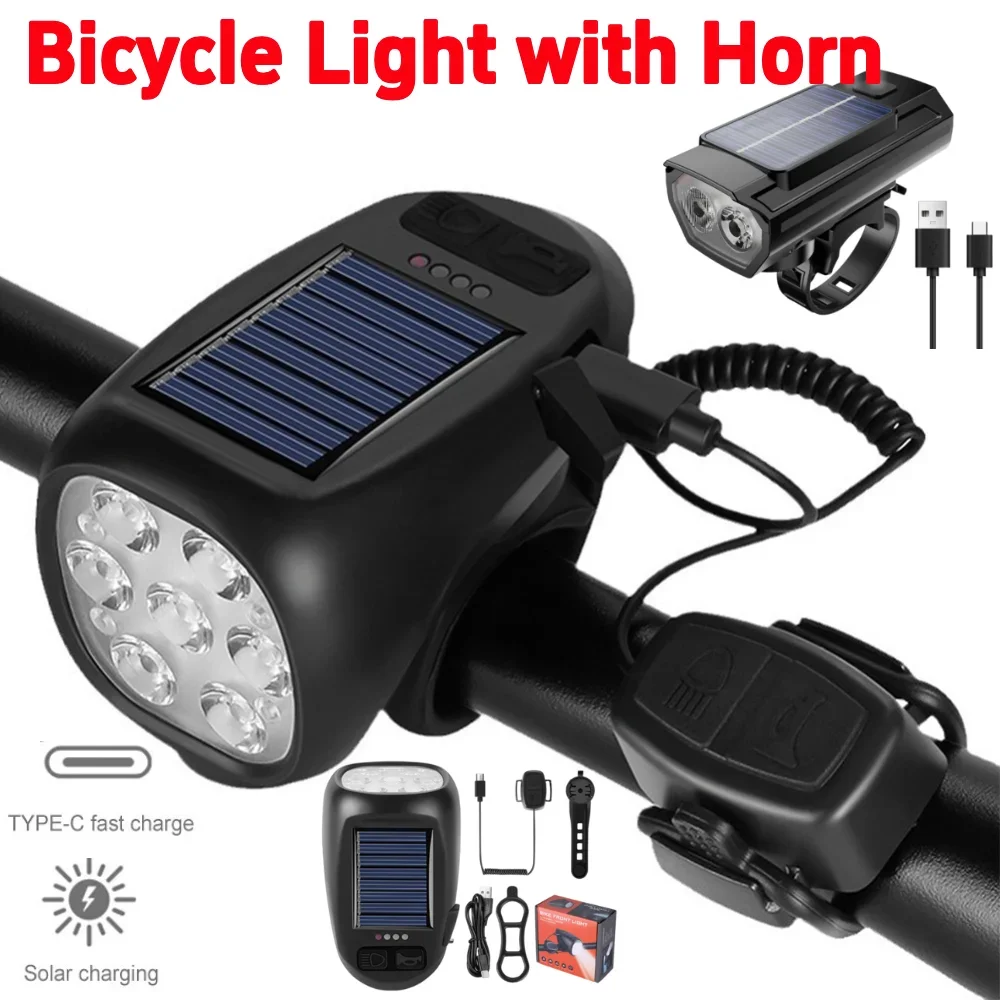 

Solar Bicycle Light with Horn 120dB 1200mA 600LM Type-C USB Rechargeable MTB Road Bike Front Lamp Waterproof Bike Headlight