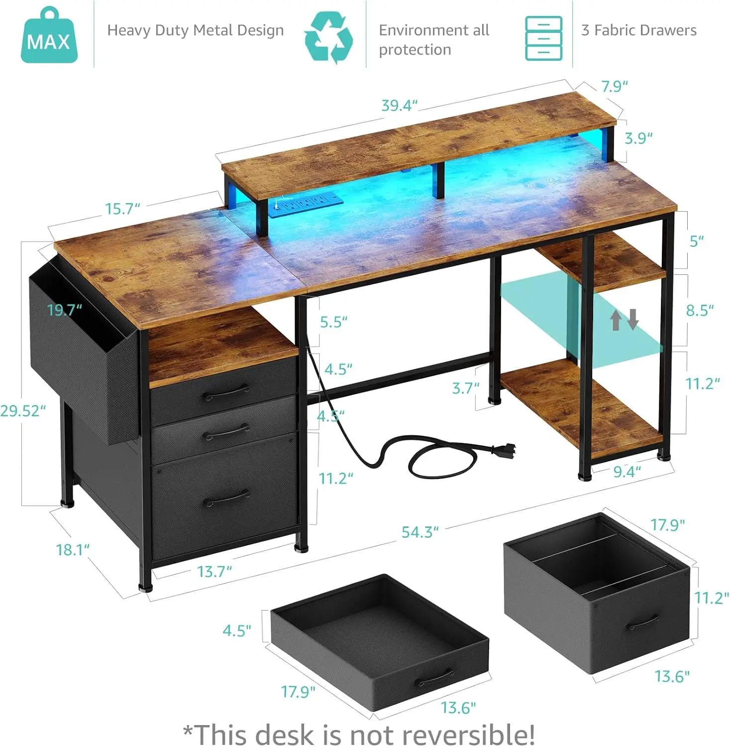 Mesa do Computador com Arquivo de Tecido, Gavetas, Gabinete, Suporte de Monitor, Estudo, Escrita, Jogos, Mesas, Casa, Escritório, Prateleiras, 55"