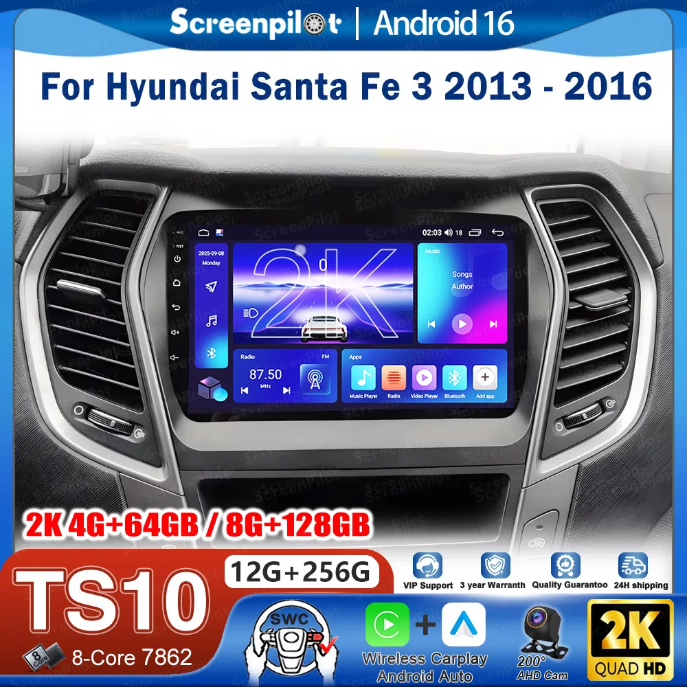 Android 16 para Hyundai Santa Fe 3 2013-2016, Carplay Auto 4G+WIFI, Radio GPS para Auto, Navegación, Reproductor Multimedia de Video, Estéreo, BT