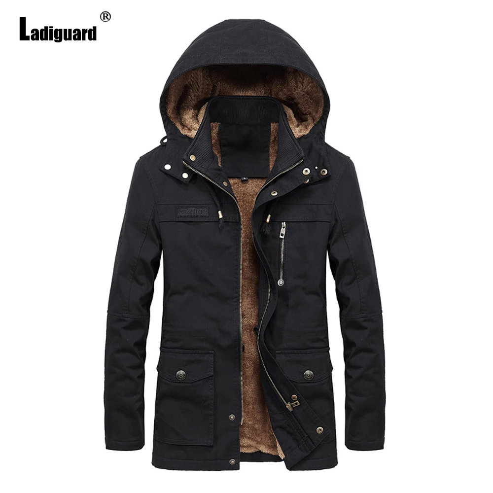 

Ladiguard 2023 Europe Fashion Zipper Jackets Plus Size Mens Basic Hoodies Winter Warm Outerwear Men's Huge Pocket Long Overcoats