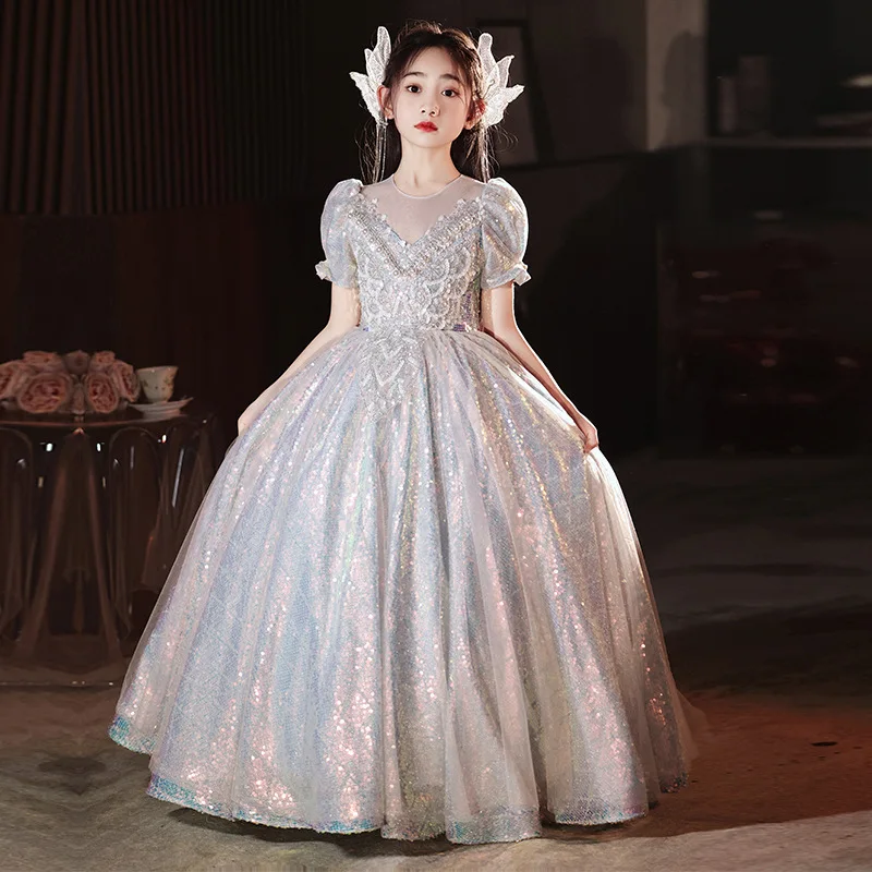 Gorgeous Flower Girl Dress Princess Girl Sequins Short sleeve Children\'s Long Wedding Party Dress Fluffy Mesh Wedding Dress