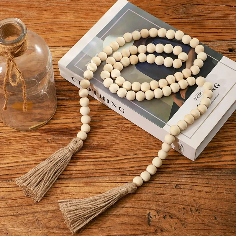 Wood Bead Garland Farmhouse Wall Hanging Home Decor DIY Handmade Garland with Jute Rustic Wall Tassel Bead Ornament Boho Gift