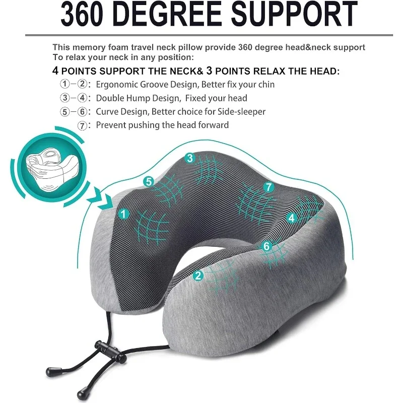 Upgraded Travel Neck Pillow for Airplane 100% Pure Memory Foam Travel Pillow for Flight Headrest Sleep Light Grey