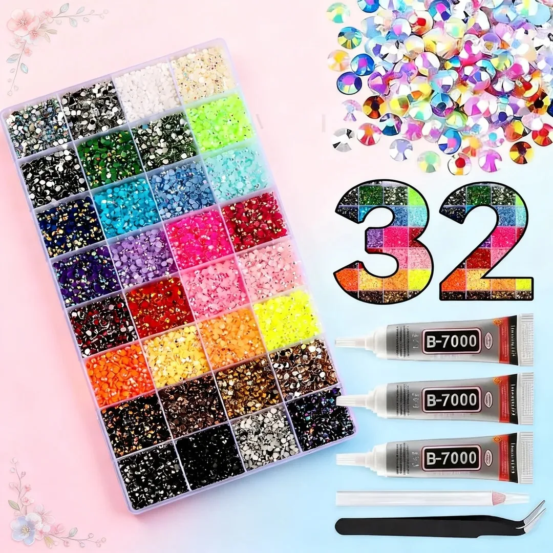 Mixed Color Jelly/Resin Drill Rhinestone Set - DIY for Hat Drill, Glasses Drill, Phone Drill, Nail Drill, Clothing, etc 32 Grid