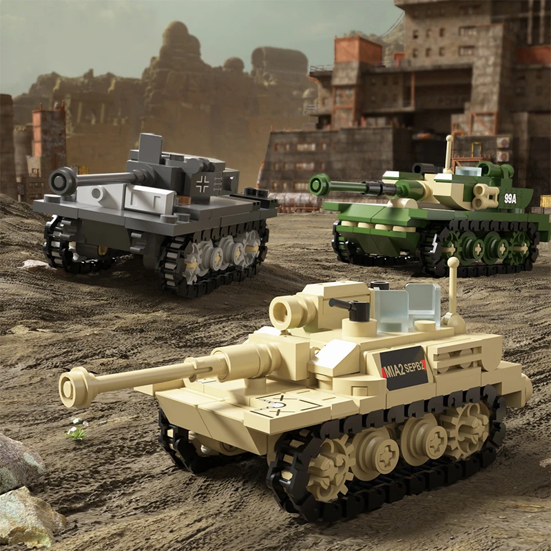 ‌ MOC 99A 메인 배틀 타이거 중전차 M1A2 탱크 3피스 세트, 전쟁 군사 빌딩 블록 모델 브릭 키트 세트 아이디어