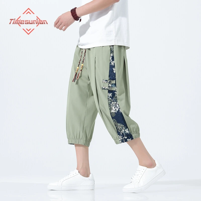 

Sport Casual Shorts Mens Summer Ice Silk Wide-leg Pants Men Streetwear Harajuku Vintage Print Baggy Calf Length Pant Male