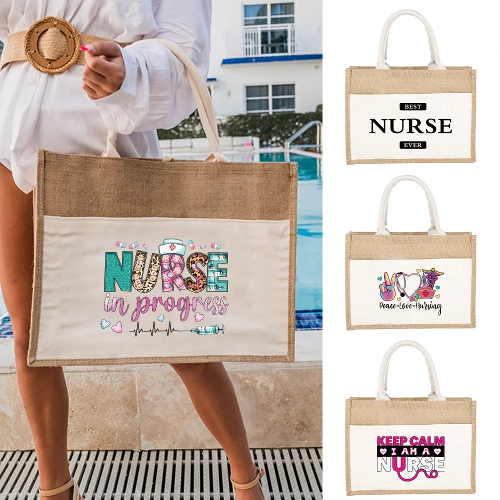 

Tote Bag Jute Portable Shoulder Bag Shopping Bags Nurse Series Lightweight Beach Handbags ECO Linen Grocery Storage Bags