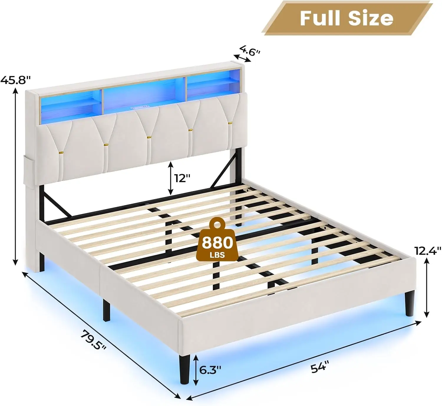 Bett rahmen in voller Größe mit Kopfteil ablage und LED-Leuchten, samt gepolstertes Bett, Kopfteil mit Regal, milchig weiß