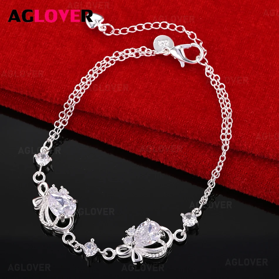 

AGLOVER 925 Sterling Silver Double Zircon Small Ring Bracelet Women Charm Fashion Party Jewelry