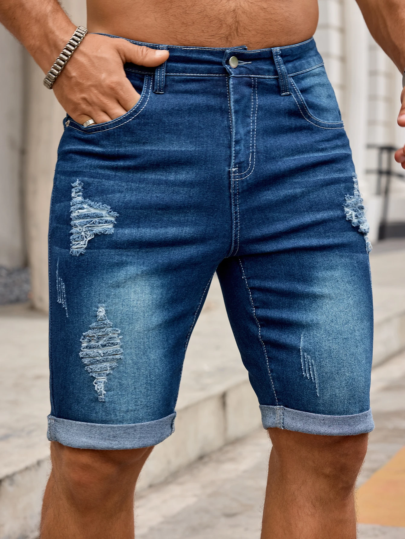 Men Denim Trousers Jeans Shorts Pants, Ripped Hole Rolled Hem Mid Waist Stretch Slim Fit Streetwear Casual Pants view 5