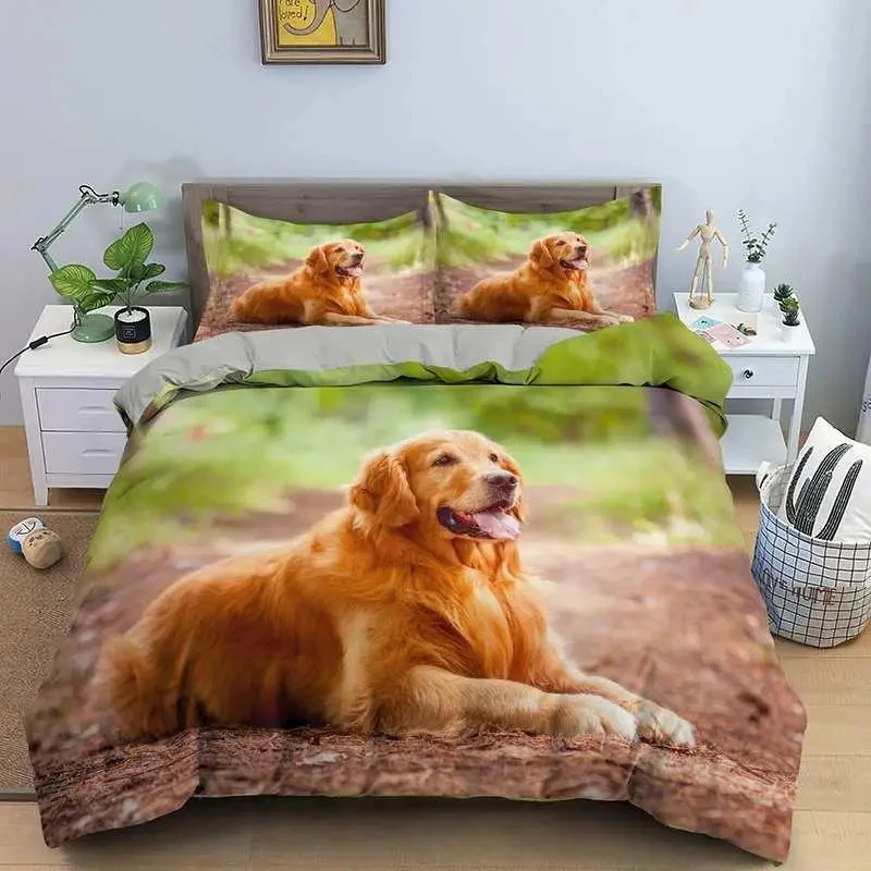 Dog Duvet Cover Set Golden Retriever Queen Size Bedding Set for Boys Girls Microfiber 3D Pet Themed Animal Funny Dog Quilt Cover