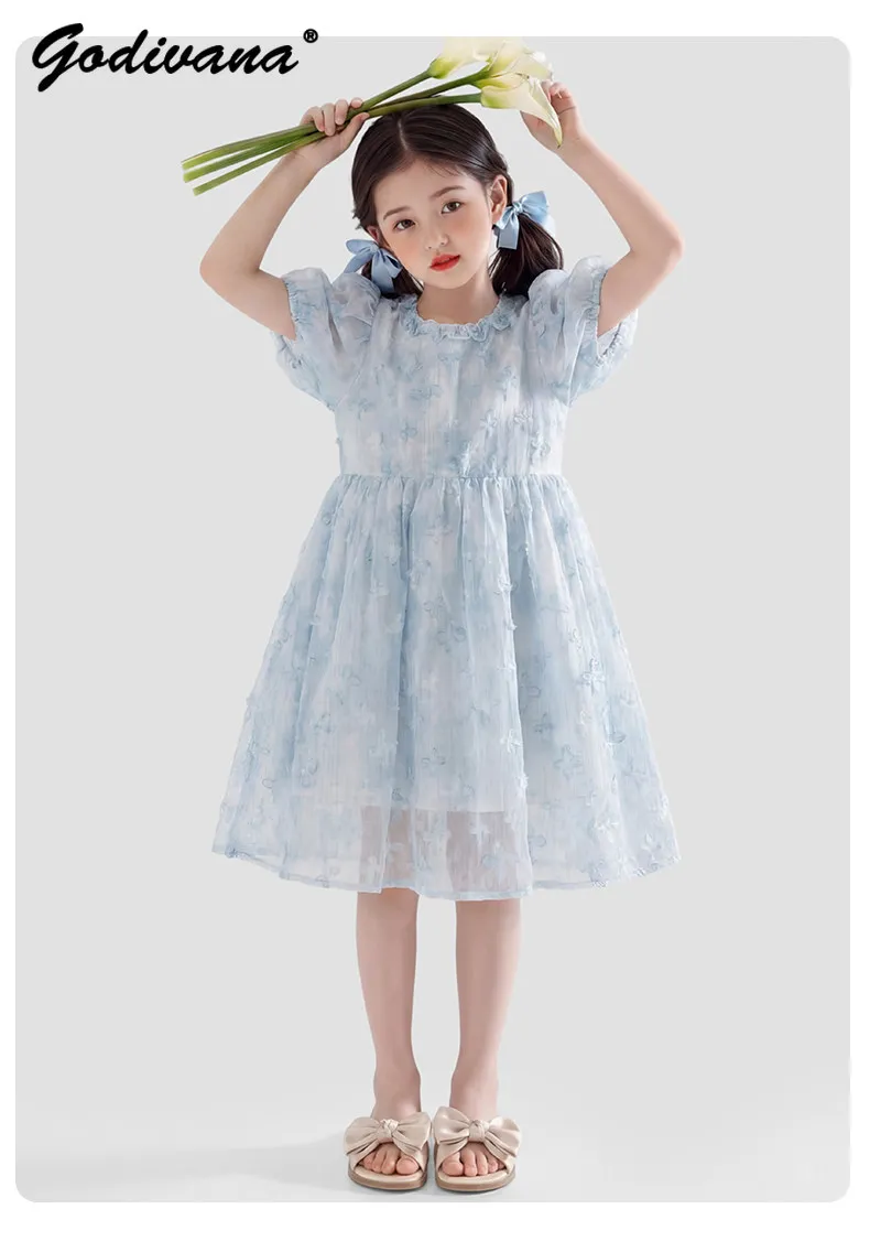 Little Girls Summer 2026 New Sweet Princess Dress Cute Girls Ruffle Collar Puff Sleeve High Waist Floral Print Breathable Dress