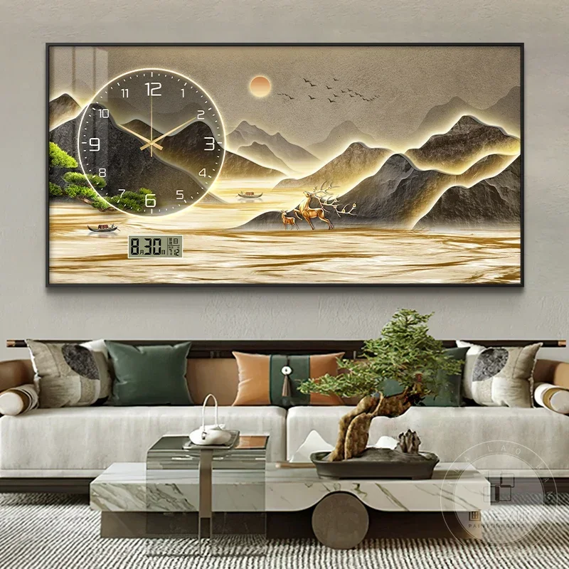 

New Home Decor Wall Clock Living Room Decoration Landscape Painting Perpetual Calendar Timepiece Wall Decoration