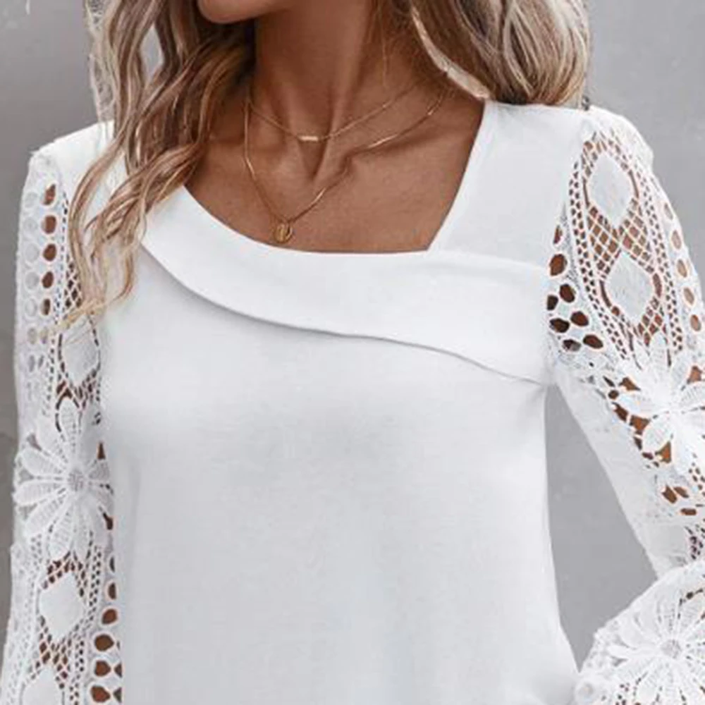 White Skew Collar Lace Patchwork Shirt Blouse Women Spring Autumn Lantern Sleeve Hollow Out Casual Shirts Top Femme