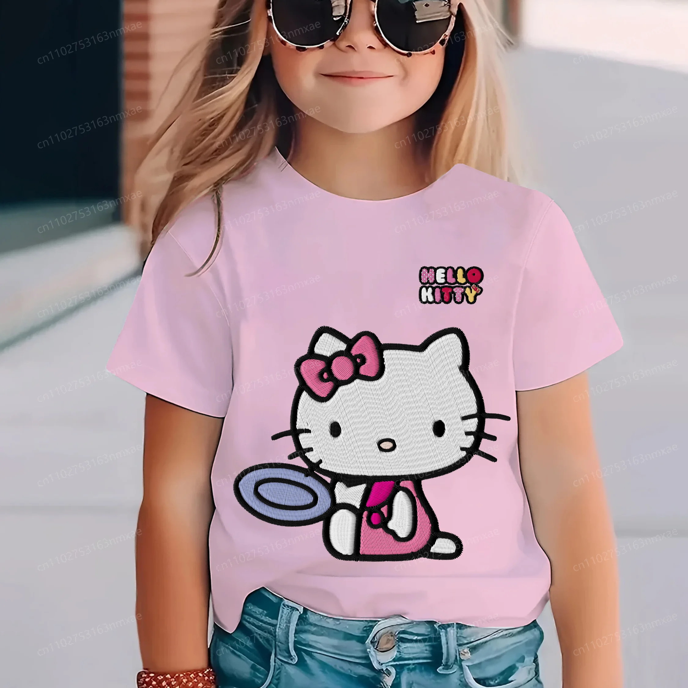 

Children Summer Clothes Embroidery Hello Kitty Crew Neck Top Clothing T-shirt for Girls Pure Cotton 2025 Girl 3D Printing Kids