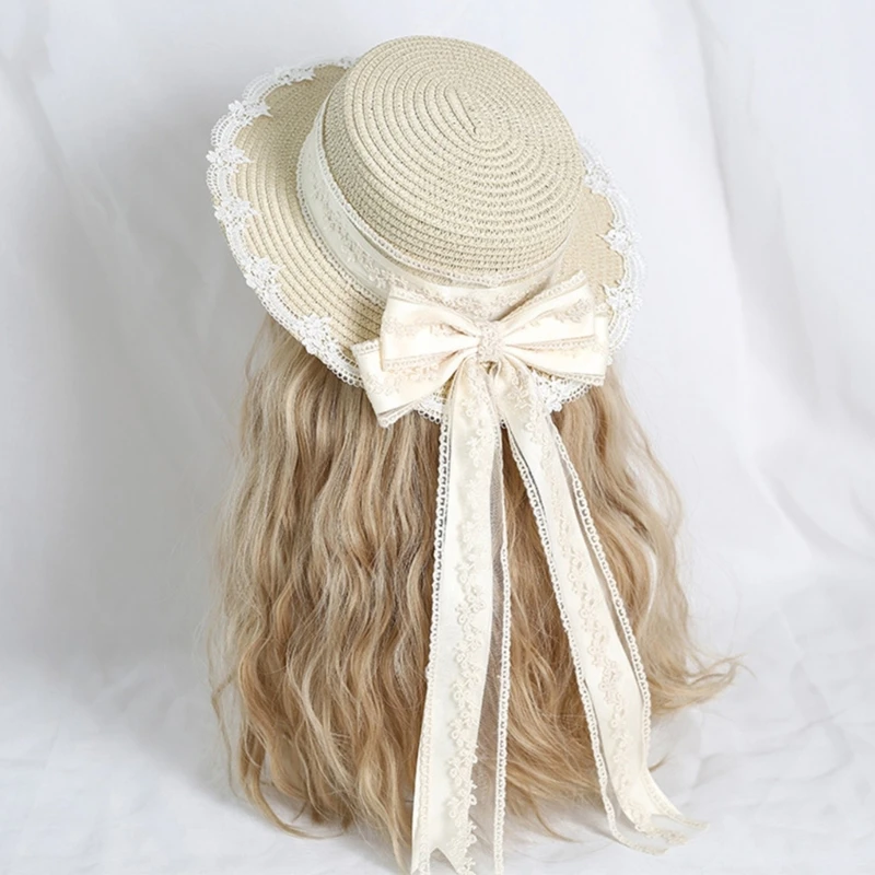 MXMB Women Casual Brimmed Hat with Long Ribbon Elegant Flat Bowknot Headdress