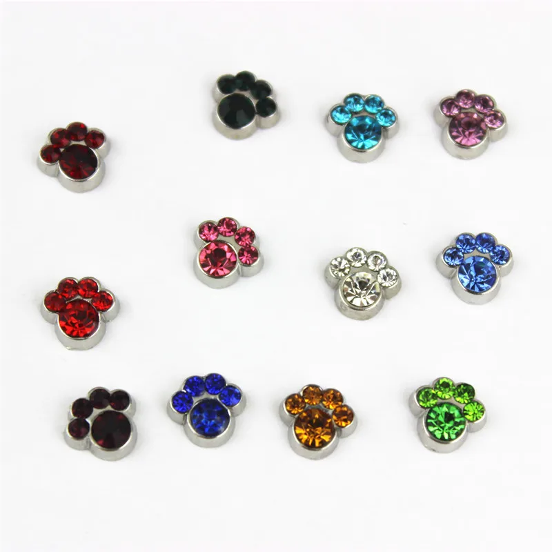 Wholesale 120pcs Mix 12 color Crystal Birthstone Dog Paw Floating Charms Living Glass Memory Lockets DIY Jewelry