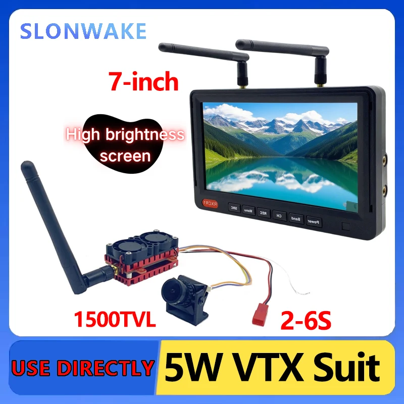 SLONWAKE 5.8G 48CH 5000mW VTX Video Transmitter TBS Protocol Module CMOS B19 1500TVL Camera 7-inch with DVR Monitor for RC Drone