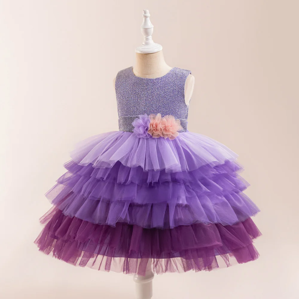 Purple Gradient Girls Party Dress Fluffy Mesh Flower Birthday Wedding Prom Princess Dresses for Kids Bridemaid Evening Clothing