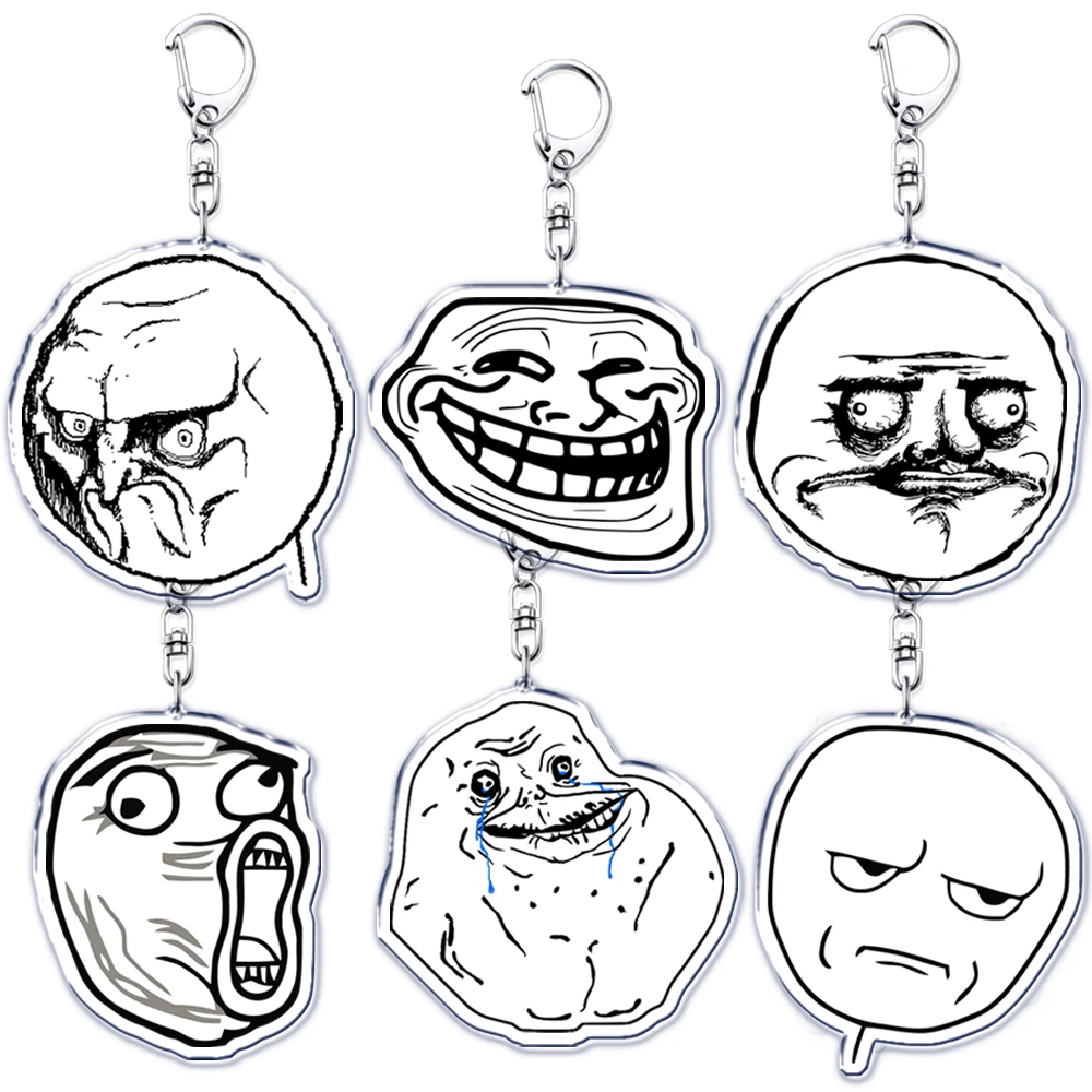 Funny TrollFace Keychain for Accessories Bag NoMeGusta Rage Face ForeverAlone Pendant Key Chain Ring Keyring Jewelry Fans Gifts