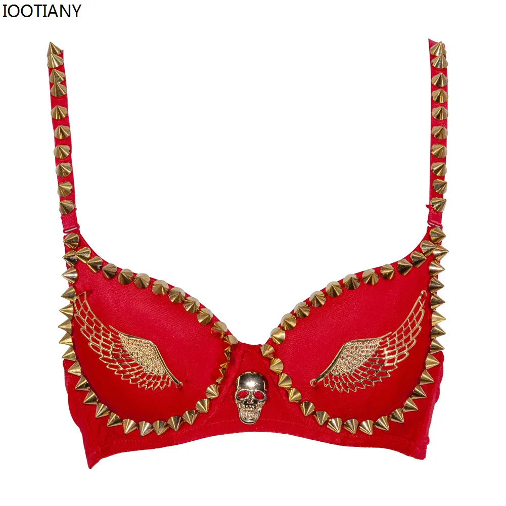 Nowa damska seksowna bielizna Bikini Punk Rock Gothic Push Up Bra Black Gold Studded Rivet & Wings Underwear Bar Stage Performance Bra