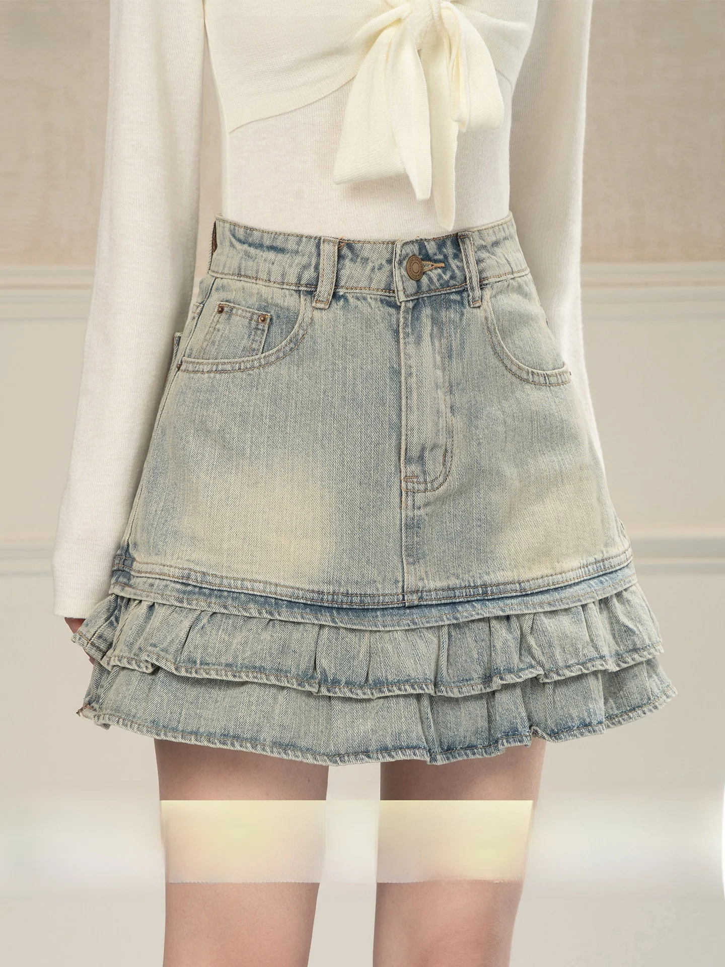 

Новая ретро-юбка из денима с двойным слоем и оборками, женская, для ранней весны, повседневная, А-силуэт, облегающая, короткая